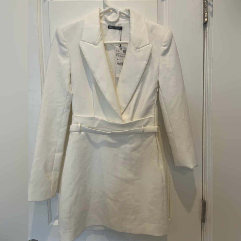NWT Zara White Belted Tailored Blazer Dress XS